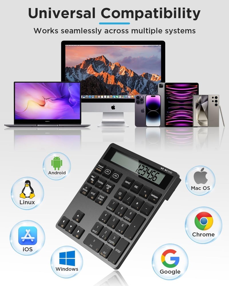 HoRiMe Number Pad for Laptop - Rechargeable Wireless Number Keypad 34 Keys with Dual Bluetooth, 2 in 1 Numeric Keypad Calculator with Display - Portable Slim Numpad for Windows, Mac, iMac, PC, Tablet - Image 3